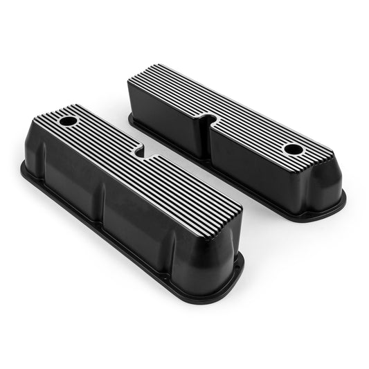 Ford SB 289 302 351 Windsor Black Aluminum Ribbed Valve Covers Tall w/Hole