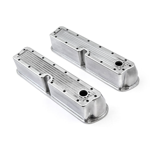 Ford SB 289 302 351 Windsor Polished Ribbed Aluminum Valve Covers - Tall w/Hole
