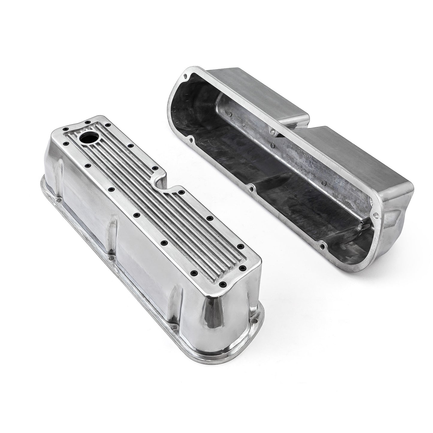Ford SB 289 302 351 Windsor Polished Ribbed Aluminum Valve Covers - Tall w/Hole