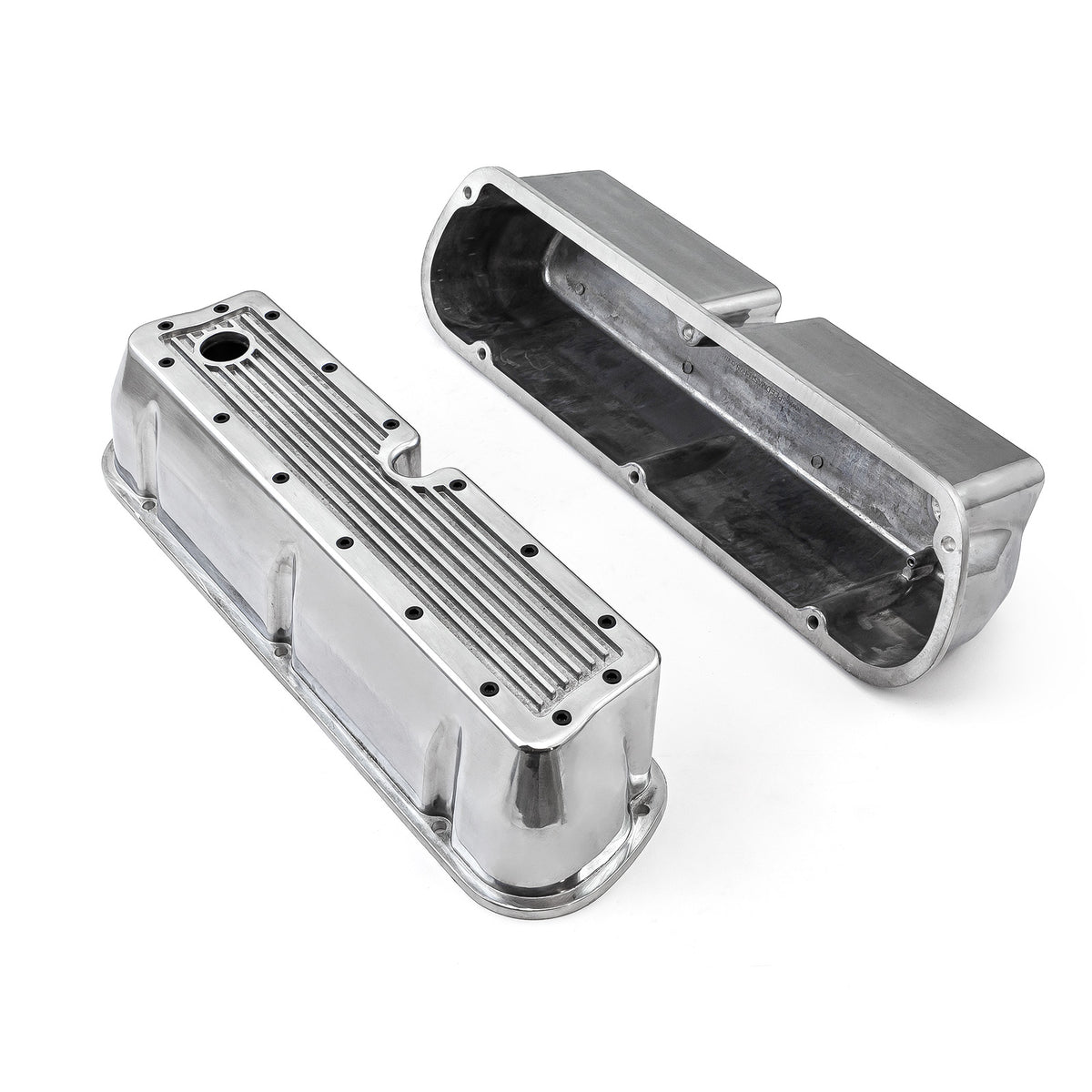 Ford SB 289 302 351 Windsor Polished Ribbed Aluminum Valve Covers - Tall w/Hole