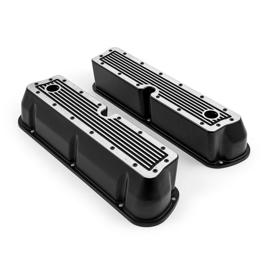 Ford SB 289 302 351 Windsor Black Ribbed Aluminum Valve Covers - Tall w/Hole