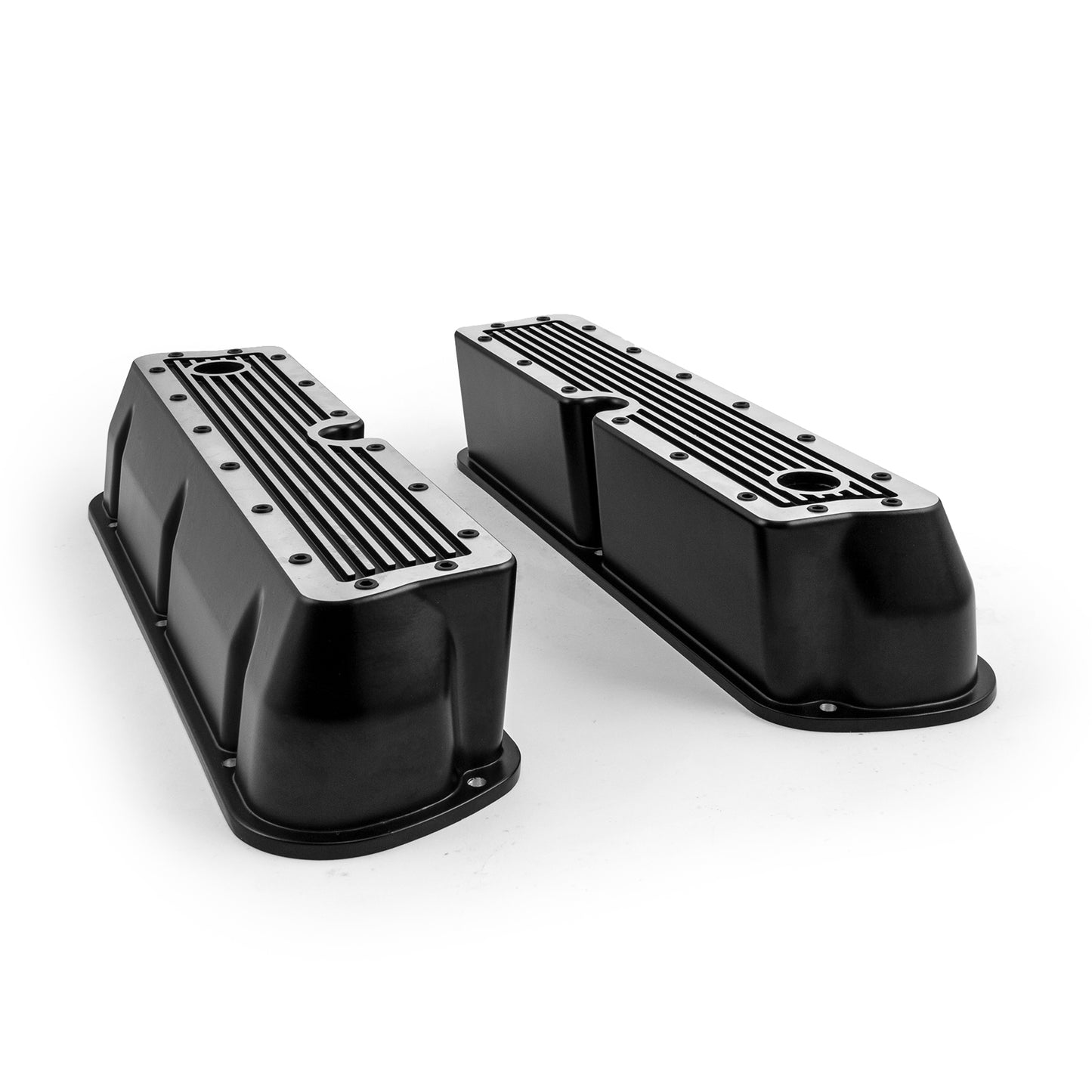Ford SB 289 302 351 Windsor Black Ribbed Aluminum Valve Covers - Tall w/Hole