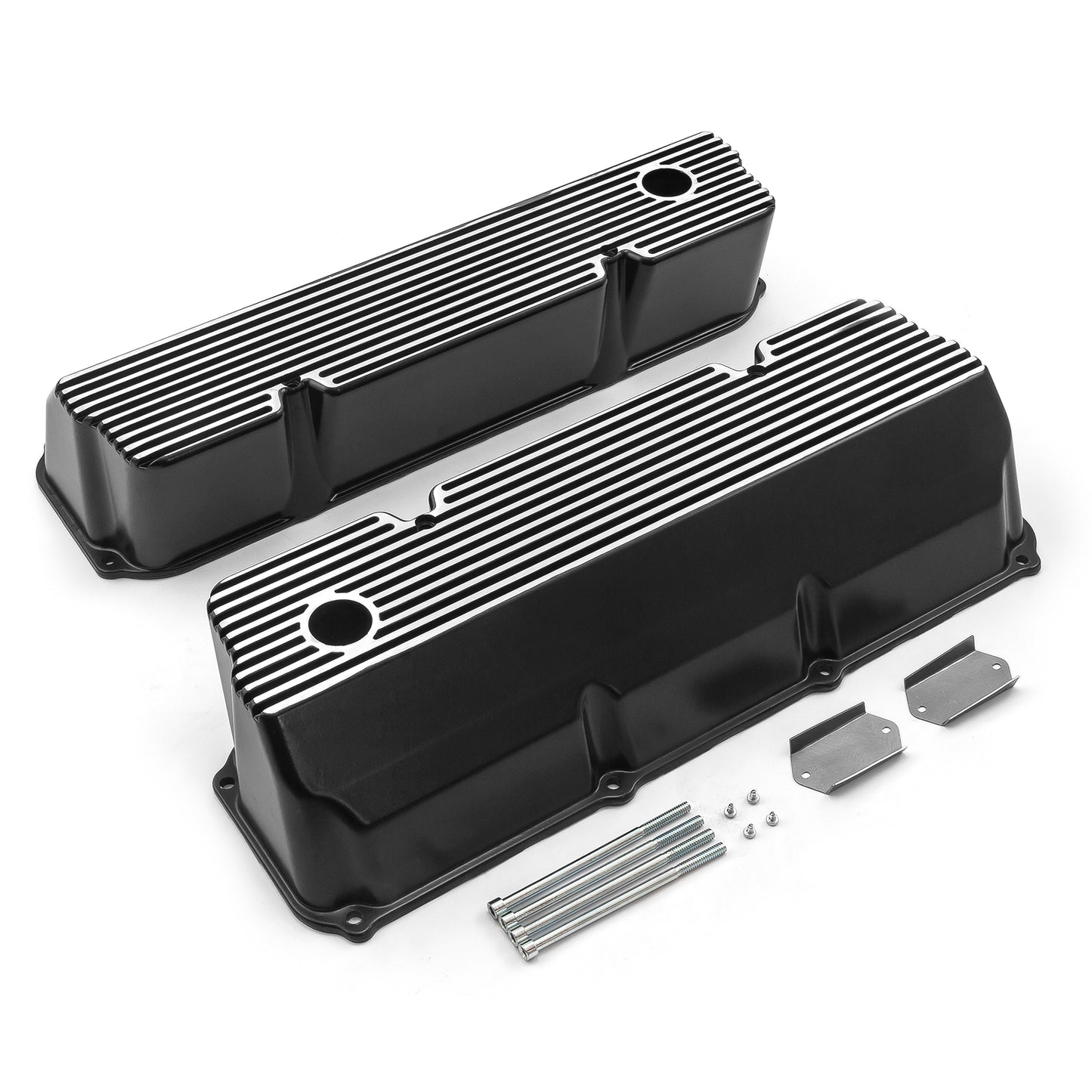 Tapas de válvulas de aluminio con aletas negras para Ford 302 351C Cleveland - Altas con orificio