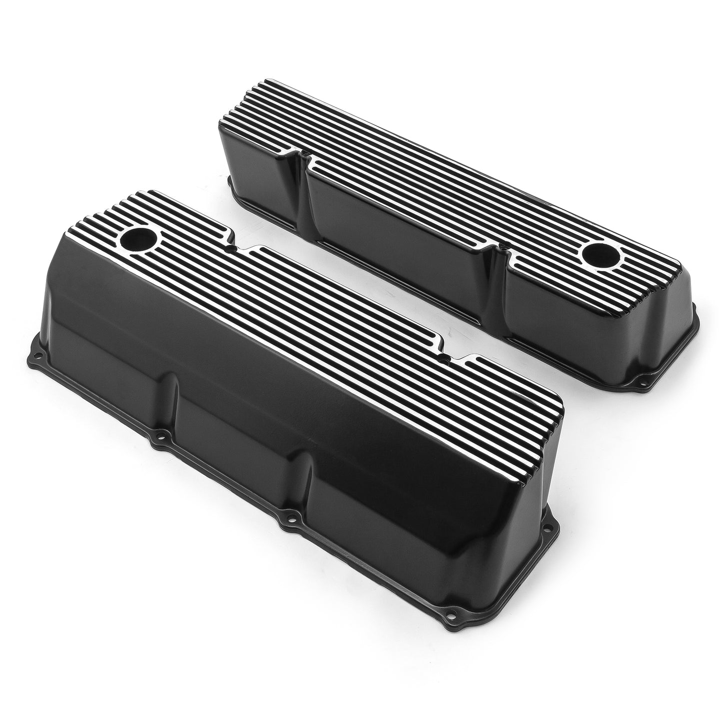 Tapas de válvulas de aluminio con aletas negras para Ford 302 351C Cleveland - Altas con orificio