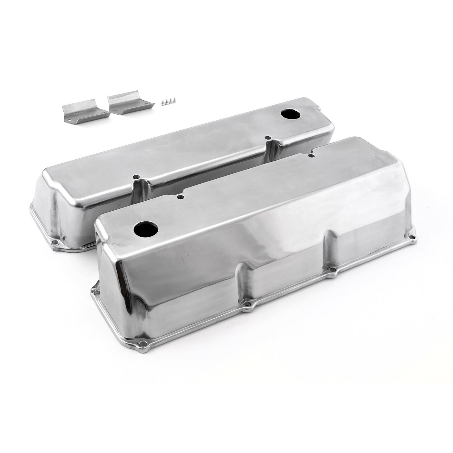 Ford 302 351C Cleveland Polished Aluminum Plain Valve Covers - Tall w/ Hole