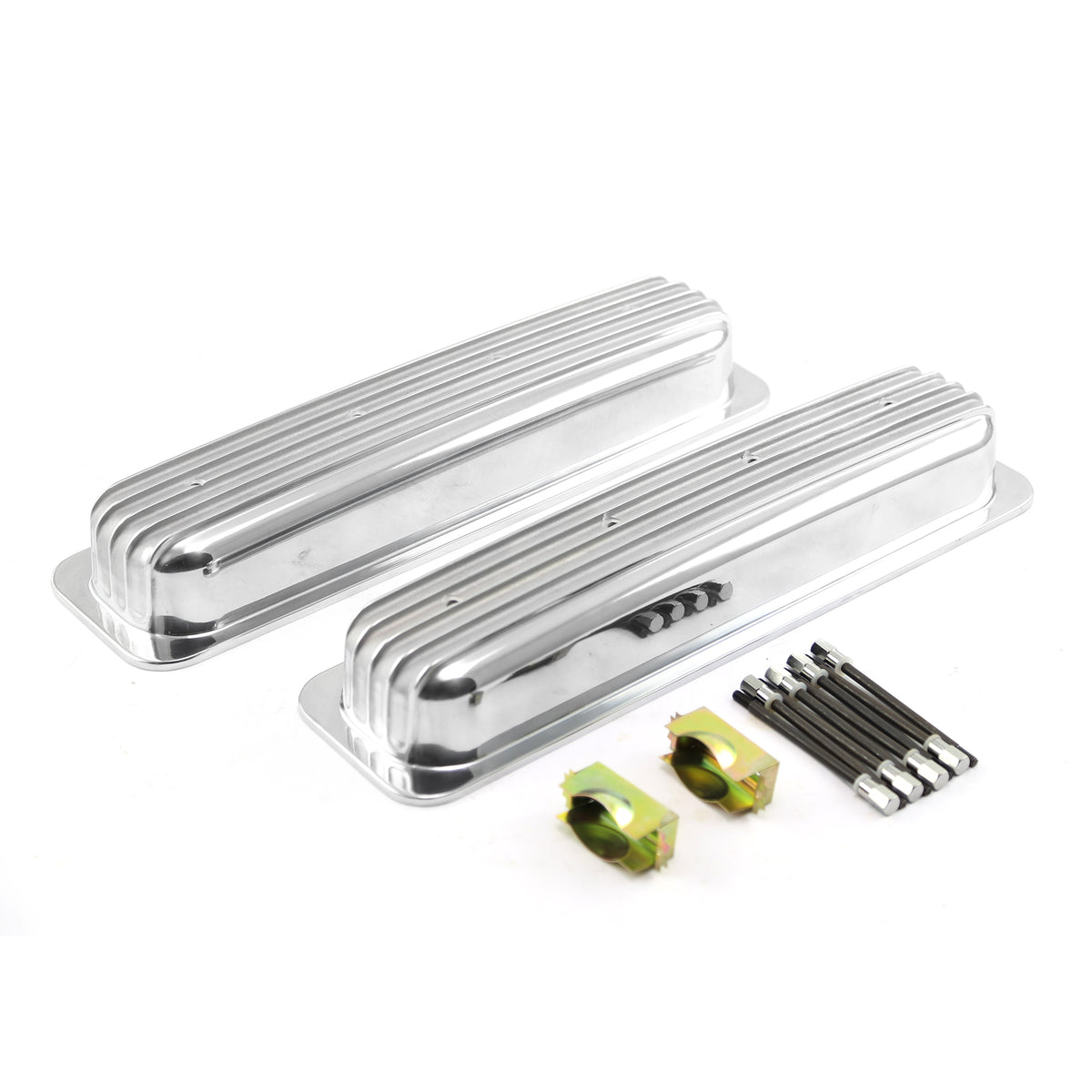 Tapas de válvulas de aluminio con aletas nostálgicas con perno central para Chevy SBC 350, cortas y sin orificio