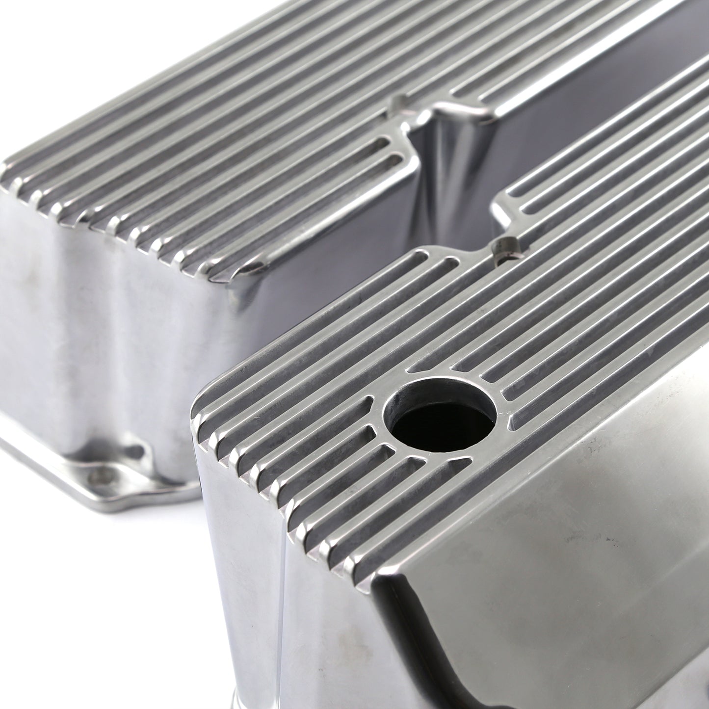 Tapas de válvulas con aletas de aluminio pulido para Ford 302 351C Cleveland - Altas con orificio