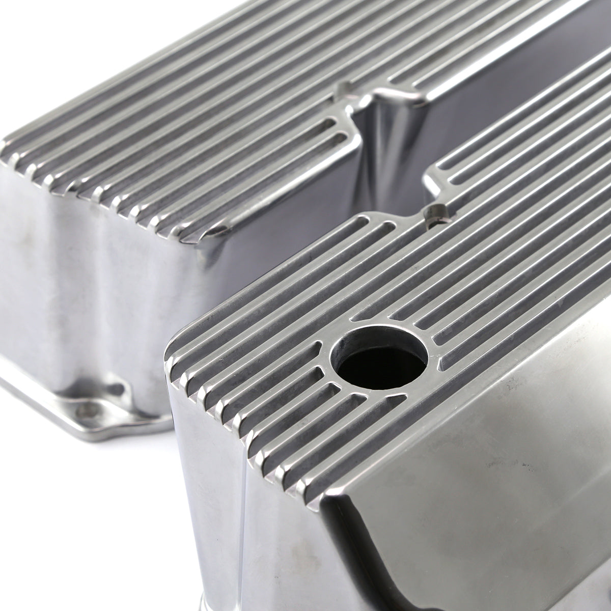 Ford 351C Cleveland Polished Aluminum Finned Valve Covers Tall w/Hole