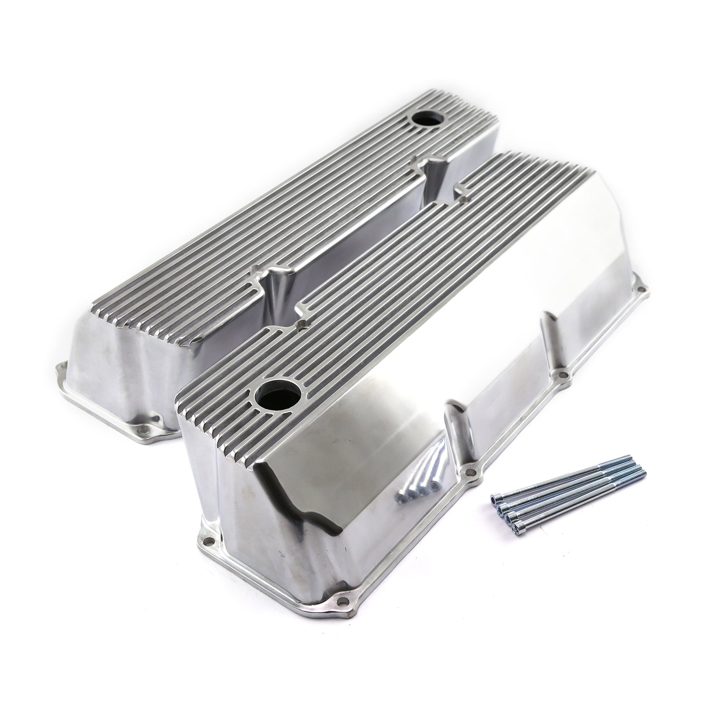 Tapas de válvulas con aletas de aluminio pulido para Ford 302 351C Cleveland - Altas con orificio