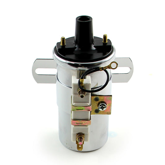 12V 60K Electronic Round Oil Filled Female Round Canister Ignition Coil Chrome