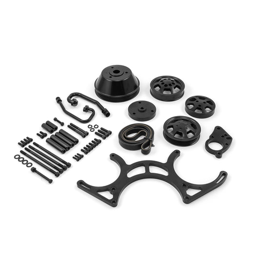 Kit completo de polea serpentina de aluminio para motor Chevy SBC 350 (negro)