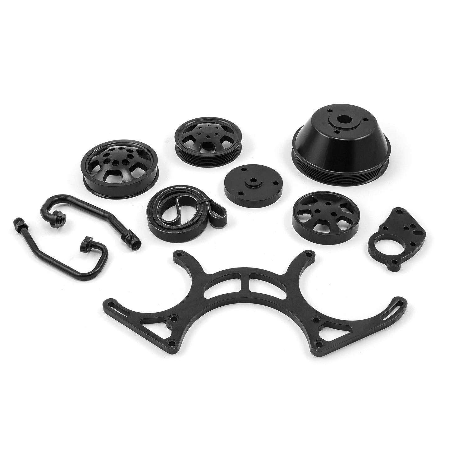 Kit completo de polea serpentina de aluminio para motor Chevy SBC 350 (negro)