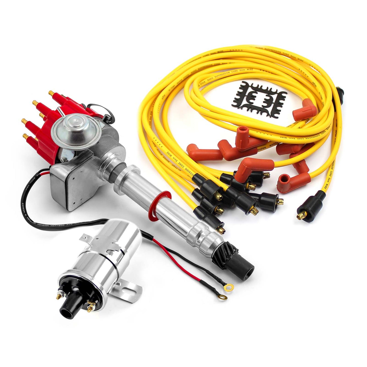Distribuidor de vacío Chevy SBC 350 BBC 454 rojo + bobina cromada + cables de aceleración