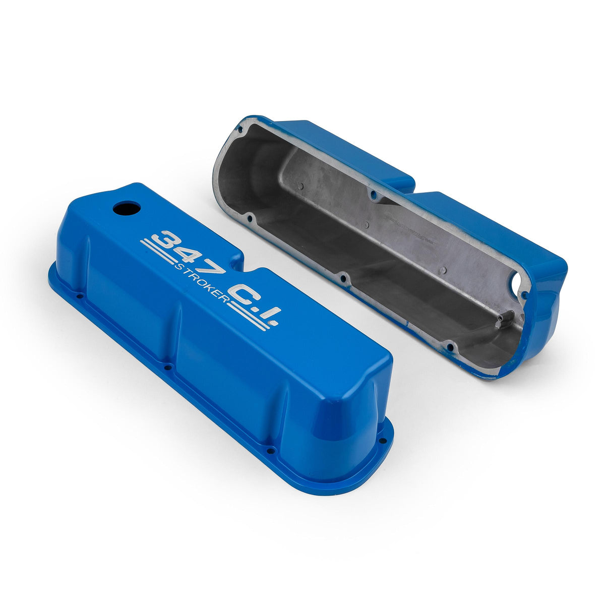 Ford SB 289 302 351 Windsor "347ci." Blue Aluminum Valve Covers Tall w/Hole