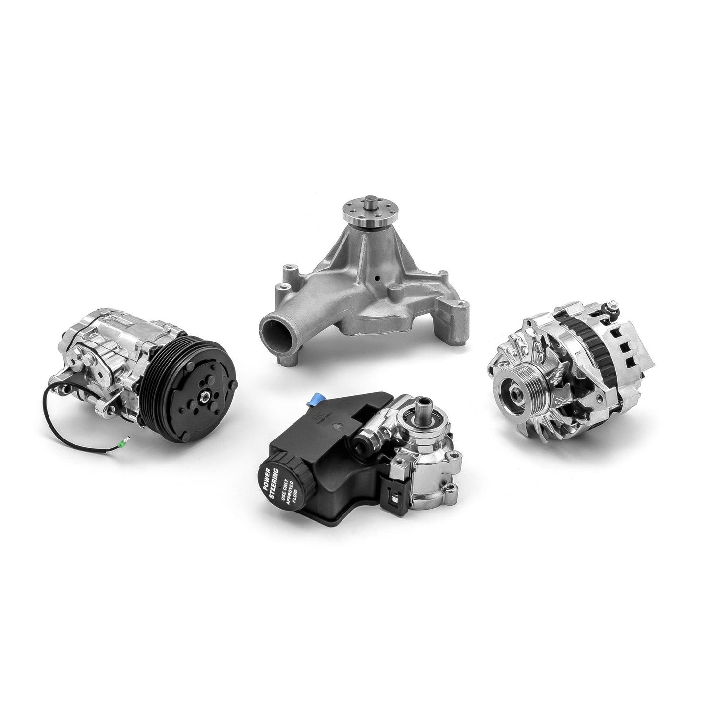 Kit completo de sistema de transmisión por correa serpentina de aluminio para Chevy SBC 350 con depósito - Pulido