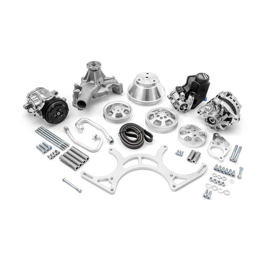 Kit completo de sistema de transmisión por correa serpentina de aluminio para Chevy SBC 350 con depósito - Pulido