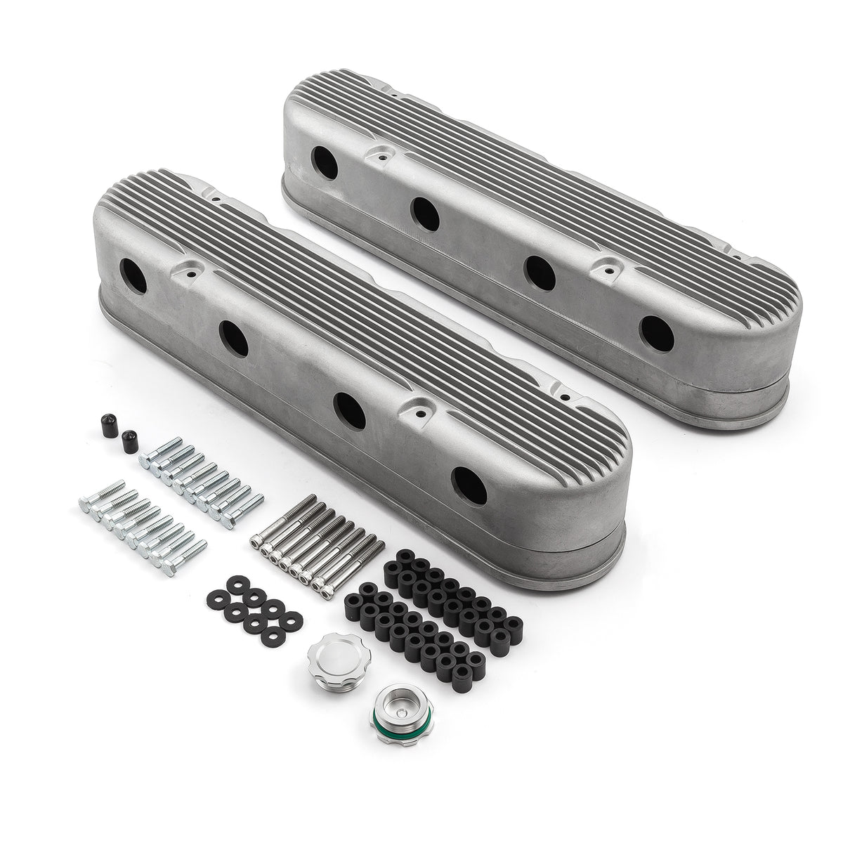Tapa de válvula de aluminio con bobina oculta vintage con aletas de 2 piezas para Chevy LS - Satinada