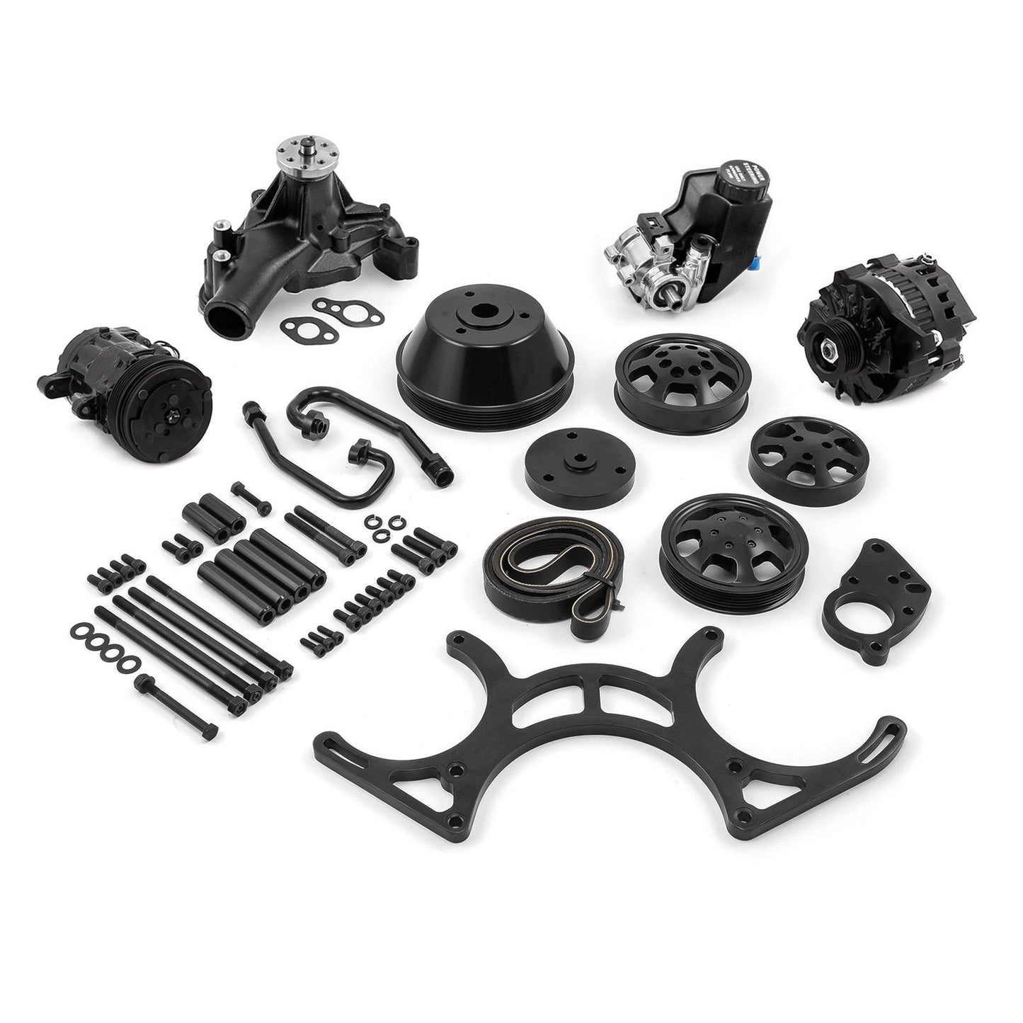 Kit completo de sistema de transmisión por correa serpentina de aluminio para Chevy SBC 350 con depósito, color negro