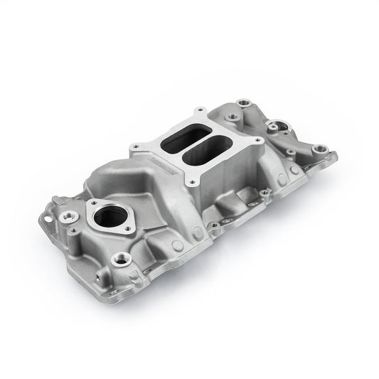 Colector de admisión de aluminio LowRise+ para Chevy SBC 350 1957-95 (sin EGR) [satinado]