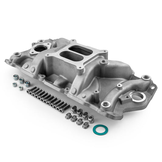 Colector de admisión de aluminio LowRise+ para Chevy SBC 350 1957-95 (sin EGR) [satinado]