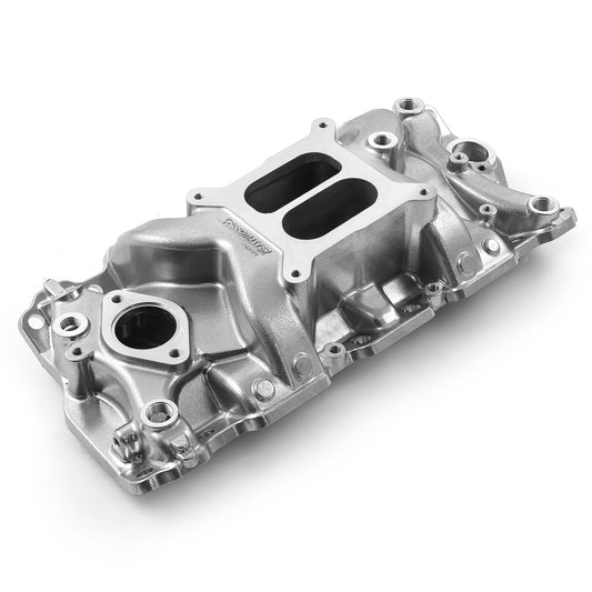 Colector de admisión de aluminio LowRise+ para Chevy SBC 350 1957-95 (sin EGR) [Pulido]