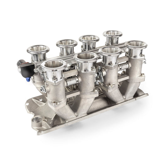 Sistema de colector de admisión de pila EFI de tiro descendente Chevy SBC 350, completo satinado