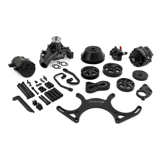 Kit completo de transmisión por correa serpentina de aluminio para Chevy SBC 350 [Negro]