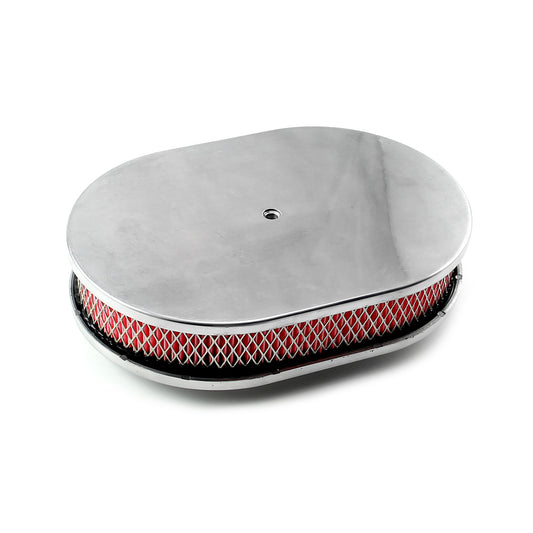 12" x 2" Oval Plain Polished Aluminum Air Cleaner Kit - Red Filter