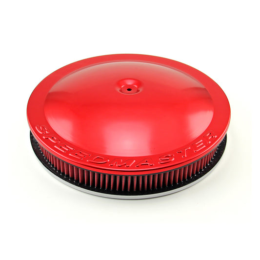 Filtro de aire de aluminio con base abatible y elemento lavable de 14" x 2", color rojo