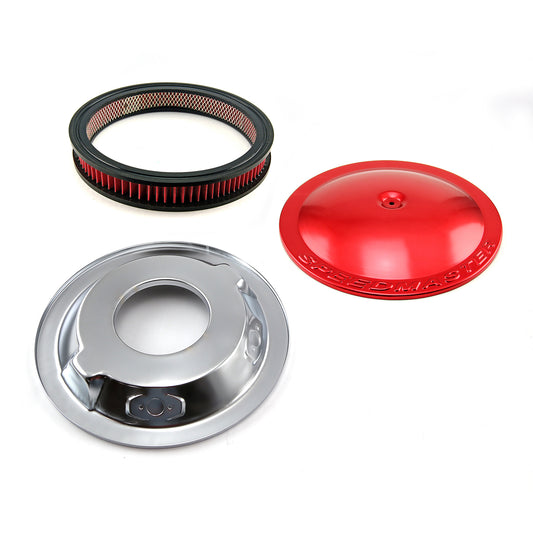 Filtro de aire de aluminio con base abatible y elemento lavable de 14" x 2", color rojo