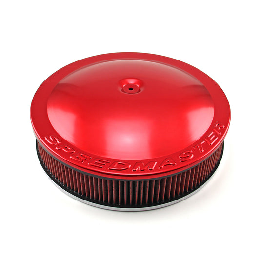 Filtro de aire de aluminio con base abatible y elemento lavable de 14" x 3", color rojo