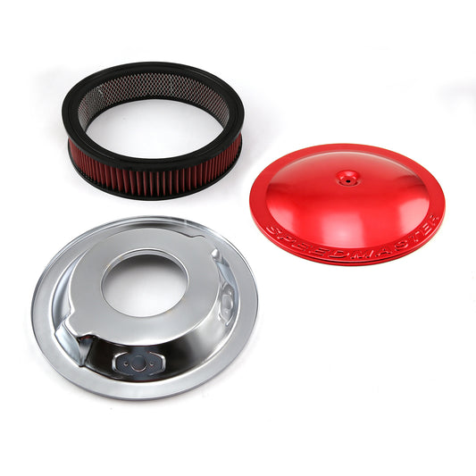Filtro de aire de aluminio con base abatible y elemento lavable de 14" x 3", color rojo
