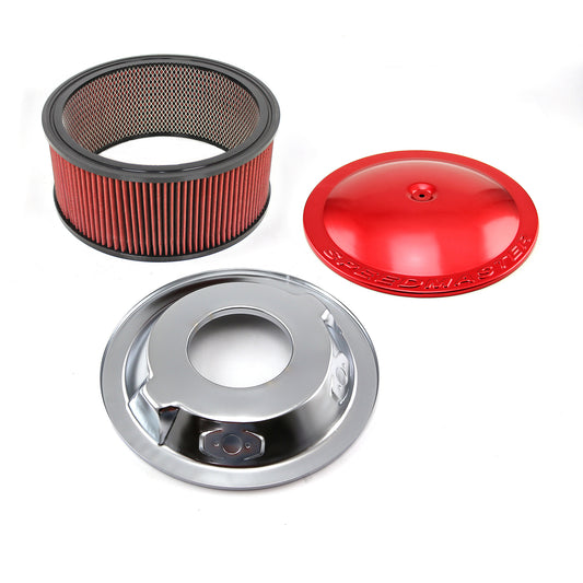 Filtro de aire de aluminio con base abatible y elemento lavable de 14" x 6", color rojo