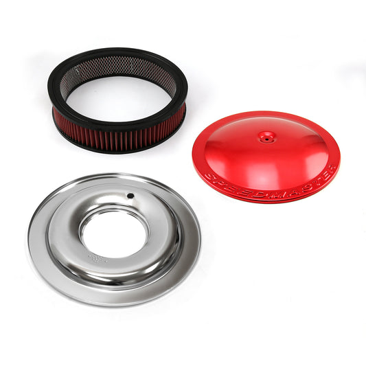 Filtro de aire de aluminio de base plana con elemento lavable de 14" x 3", color rojo