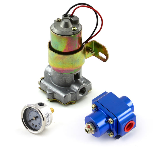 140 Gph Universal Electric Fuel Pump w/ Blue Regulator & Gauge Combo Kit