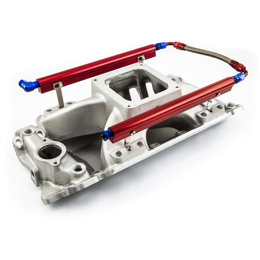 Chevy BBC 454 Rect Port Dominator con rieles de combustible, colector de admisión de gran altura y acabado satinado