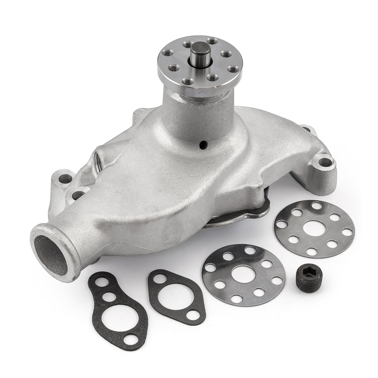 Bomba de agua corta de aluminio de alto volumen para Chevy SBC 350 sin puerto de calefacción [satinado]