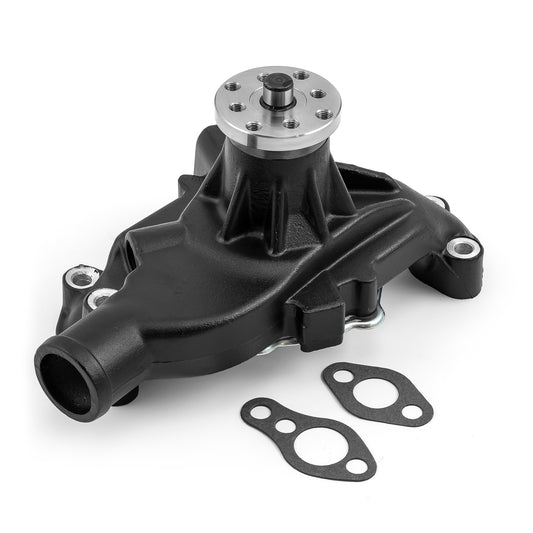 Bomba de agua corta de aluminio de alto volumen para Chevy SBC 350 con puerto de calefacción [Negro]