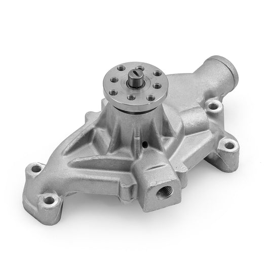 Bomba de agua corta de aluminio ensamblada de alto volumen para Chevy SBC 350 con puerto de calefacción [satinado]