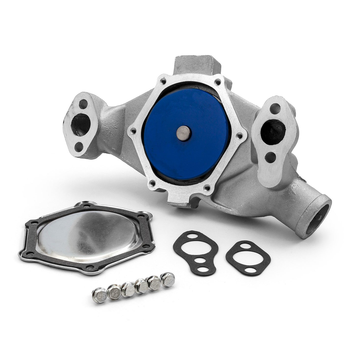 Bomba de agua corta de aluminio ensamblada de alto volumen para Chevy SBC 350 con puerto de calefacción [satinado]