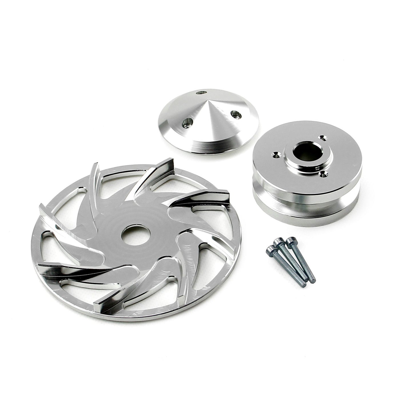 Kit de polea y ventilador de alternador universal con ranura en V simple y acabado plateado para Chevy Ford