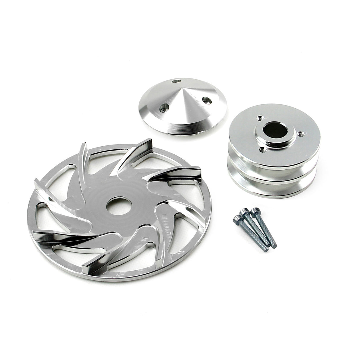 Kit de polea y ventilador de alternador universal con ranura en V doble y palanquilla plateada para Chevy Ford