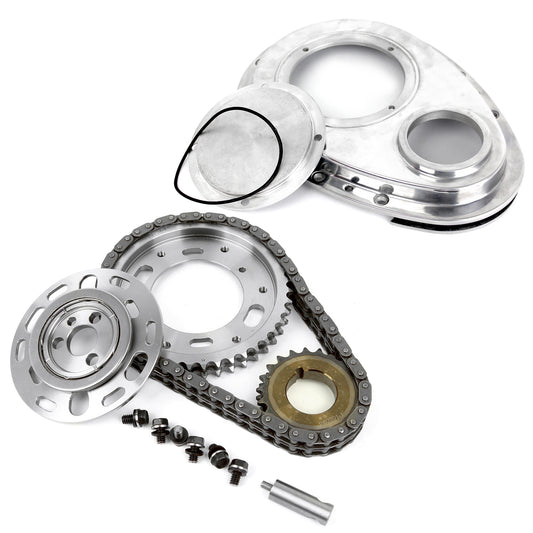 Kit de cadena de distribución y cubierta de acero billet ajustable de 2 piezas con doble rodillo para Chevy SBC 350