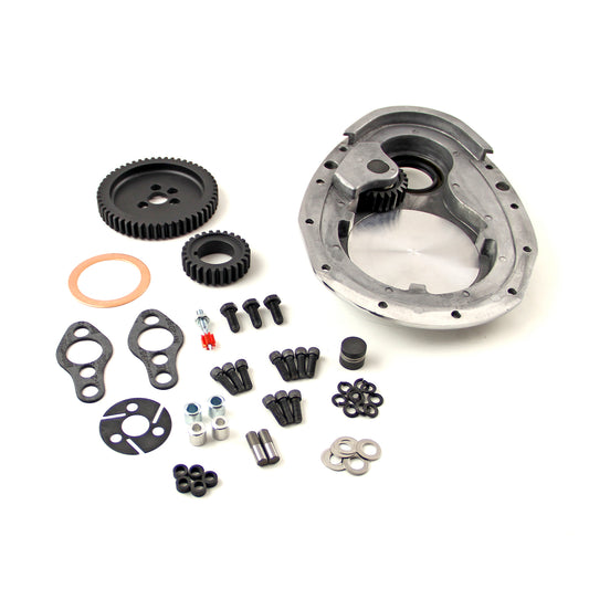 Chevy SBC 350 Single Idler Noisey Timing Gear Drive & Aluminum Timing Cover Set