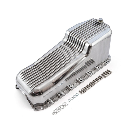 Cárter de aceite de aluminio pulido con aletas para Chevy SBC 350 (2 piezas, 1955-79, lado D)