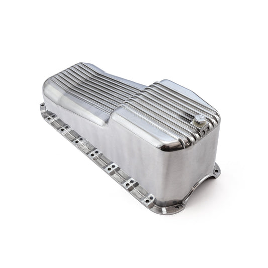 Cárter de aceite de aluminio pulido con aletas para Chevy SBC 350 (2 piezas, 1955-79, lado D)