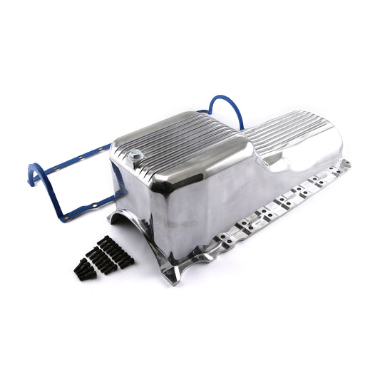 Kit de cárter de aceite y junta de aluminio pulido con aletas para Chevy SBC 350 (1 pieza, Rms, 1986 en adelante)