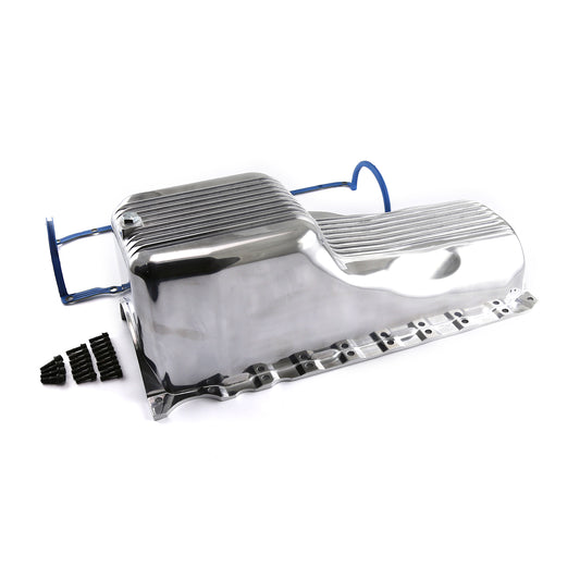 Kit de cárter de aceite y junta de aluminio pulido con aletas para Chevy SBC 350 (1 pieza, Rms, 1986 en adelante)