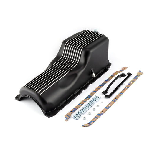 Chevy BBC 454 2Pc Rms 1965 1990 Black Finned Aluminum Oil Pan and Gasket Kit