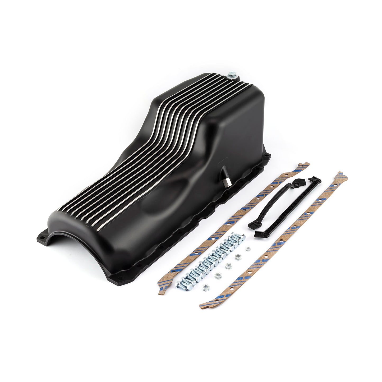 Chevy BBC 454 2Pc Rms 1965 1990 Black Finned Aluminum Oil Pan and Gasket Kit